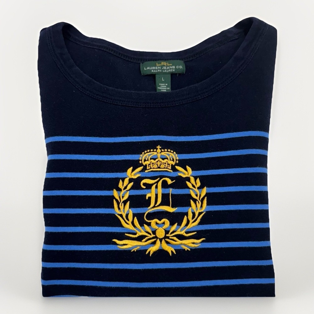 Ralph Lauren Preppy Rugby Big Crest Logo Striped Tee Shirt Women's Large